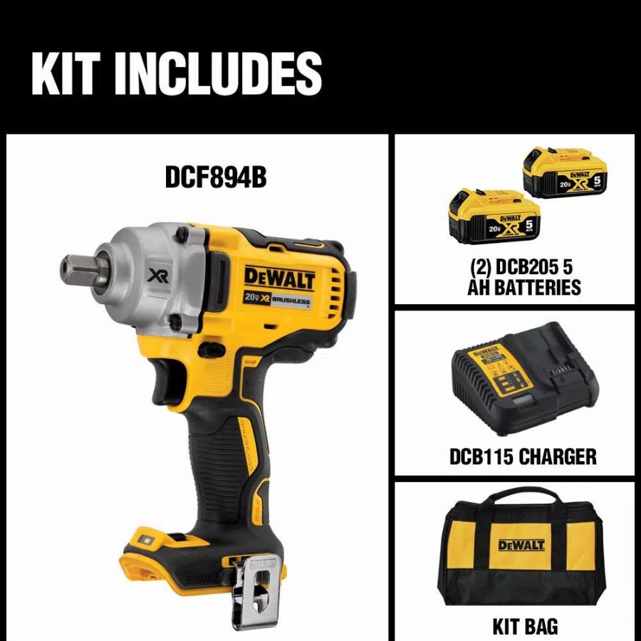 Impact Wrenches * | Impact Wrenches Dewalt 20-Volt Max Xr Cordless Brushless 1/2 In. Mid-Range Impact Wrench With Detent Pin Anvil, (2) 20-Volt 5.0Ah Batteries