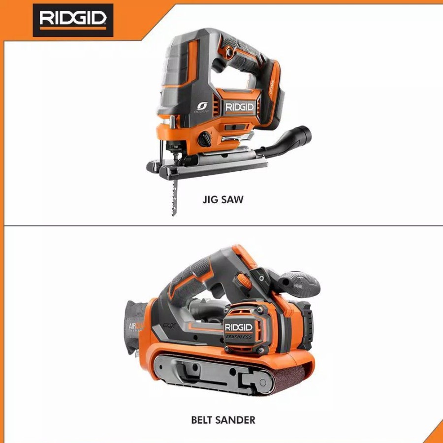 Power Tool Combo Kits * | Power Tool Combo Kits Ridgid 18-Volt Cordless 2-Tool Combo Kit With Octane Brushless Jig Saw And Brushless 3 In. X 18 In. Belt Sander (Tools Only)