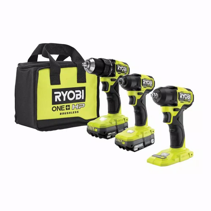 Power Tool Combo Kits * | Power Tool Combo Kits Ryobi One+ Hp 18V Brushless Cordless Compact 1/2 In. Drill/Driver, Impact Driver, Impact Wrench, (2) Batteries, Charger