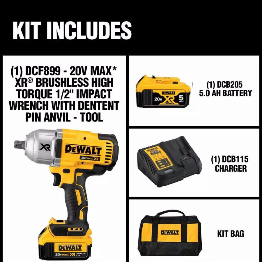 Impact Wrenches * | Impact Wrenches Dewalt 20-Volt Max Xr Cordless Brushless 1/2 In. High Torque Impact Wrench With Detent Pin Anvil, (1) 20-Volt 5.0Ah Battery