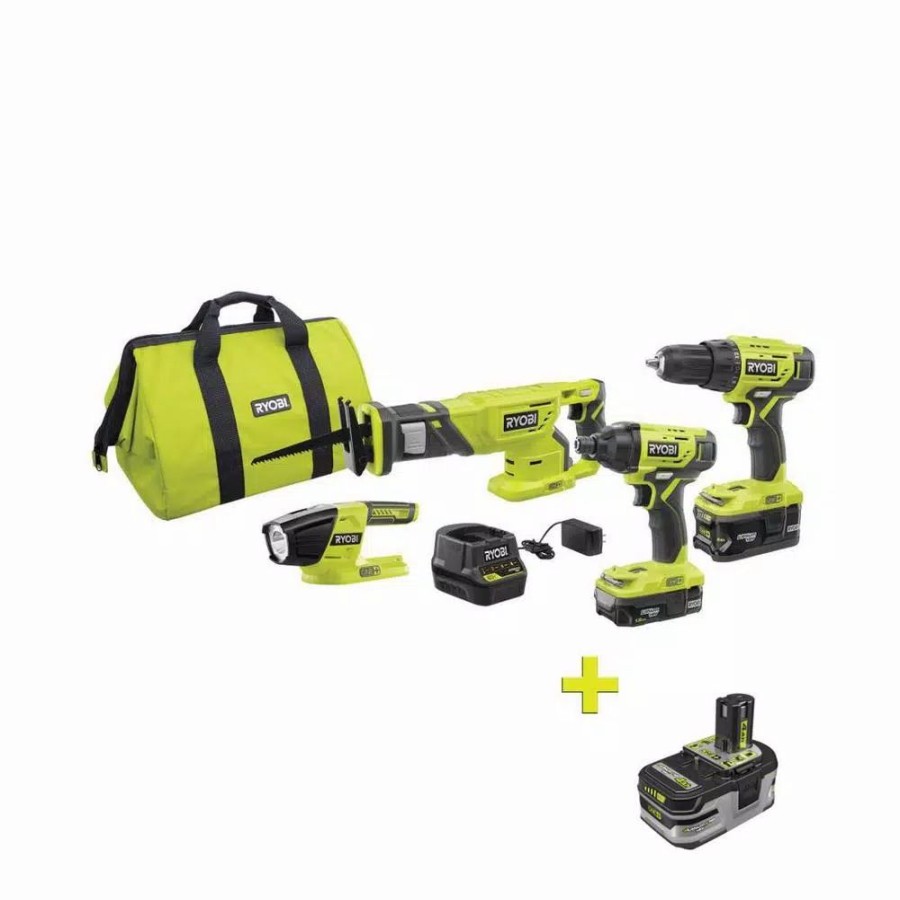 Power Tool Combo Kits * | Power Tool Combo Kits Ryobi 18-Volt One+ Lithium-Ion Cordless 4-Tool Combo Kit With Free 18-Volt One+ 4.0 Ah Lithium+ Hp High Capacity Battery