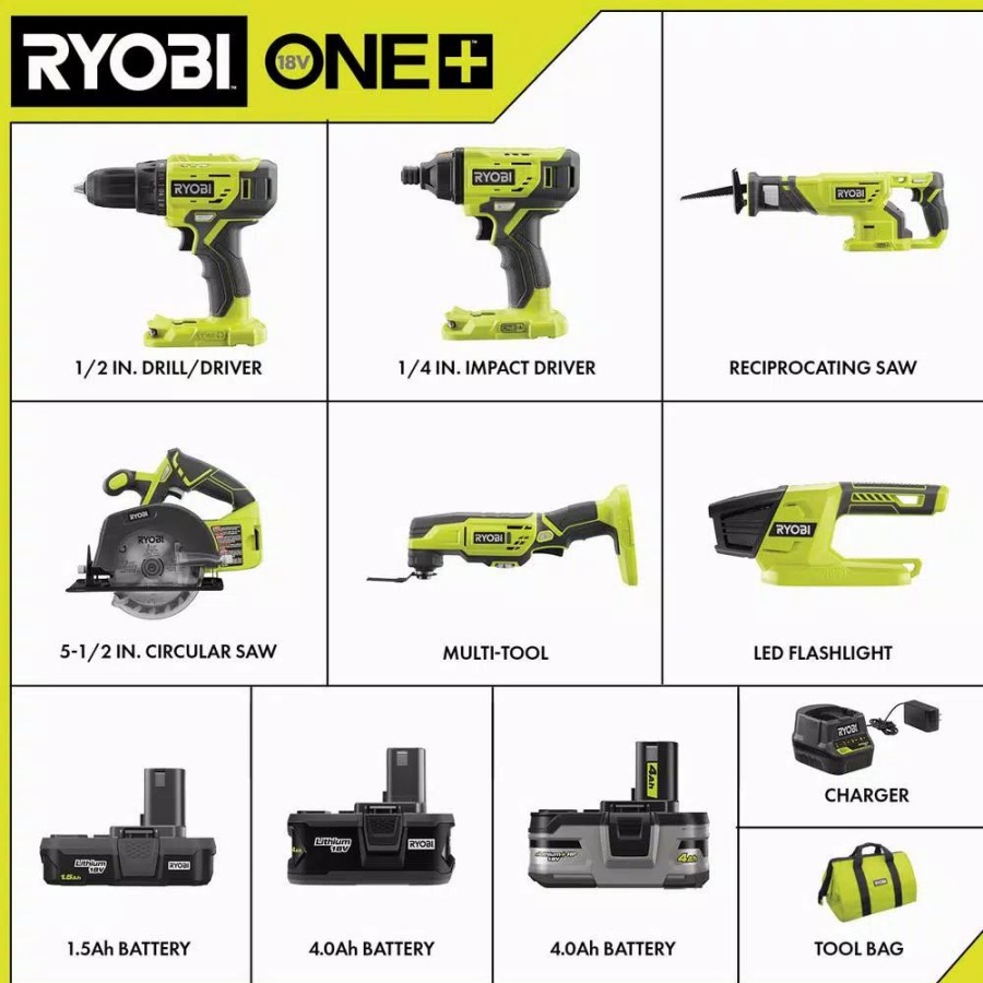 Power Tool Combo Kits * | Power Tool Combo Kits Ryobi 18-Volt One+ Lithium-Ion Cordless 4-Tool Combo Kit With Free 18-Volt One+ 4.0 Ah Lithium+ Hp High Capacity Battery