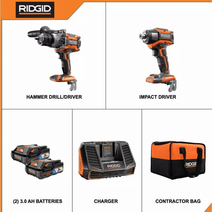 Power Tool Combo Kits * | Power Tool Combo Kits Ridgid 18-Volt Octane Lithium-Ion Cordless Brushless Combo Kit With Hammer Drill, Impact Driver, (2) 3.0 Ah Batteries, Charger