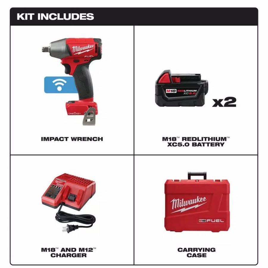 Impact Wrenches * | Impact Wrenches Milwaukee M18 Fuel One-Key 18-Volt Lithium-Ion Brushless Cordless 1/2 In. Impact Wrench W/ Friction Ring Kit W/(2) 5.0Ah Batteries