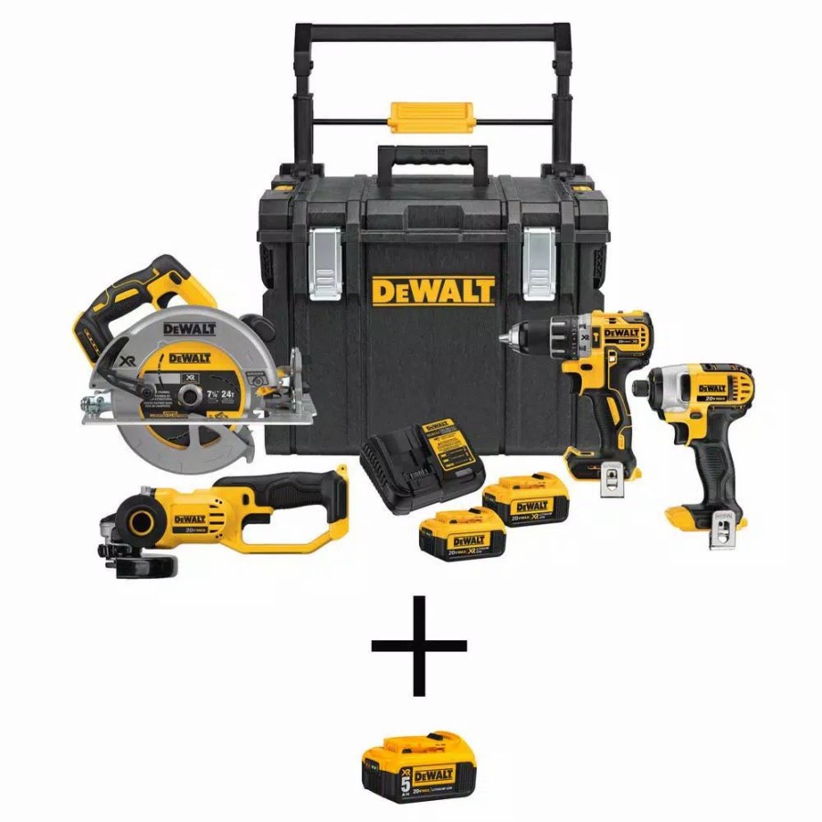 Power Tool Combo Kits * | Power Tool Combo Kits Dewalt 20-Volt Max Lithium-Ion Cordless Combo Kit (4-Tool) And Toughsystem Case With Bonus 20-Volt 5.0 Ah Battery