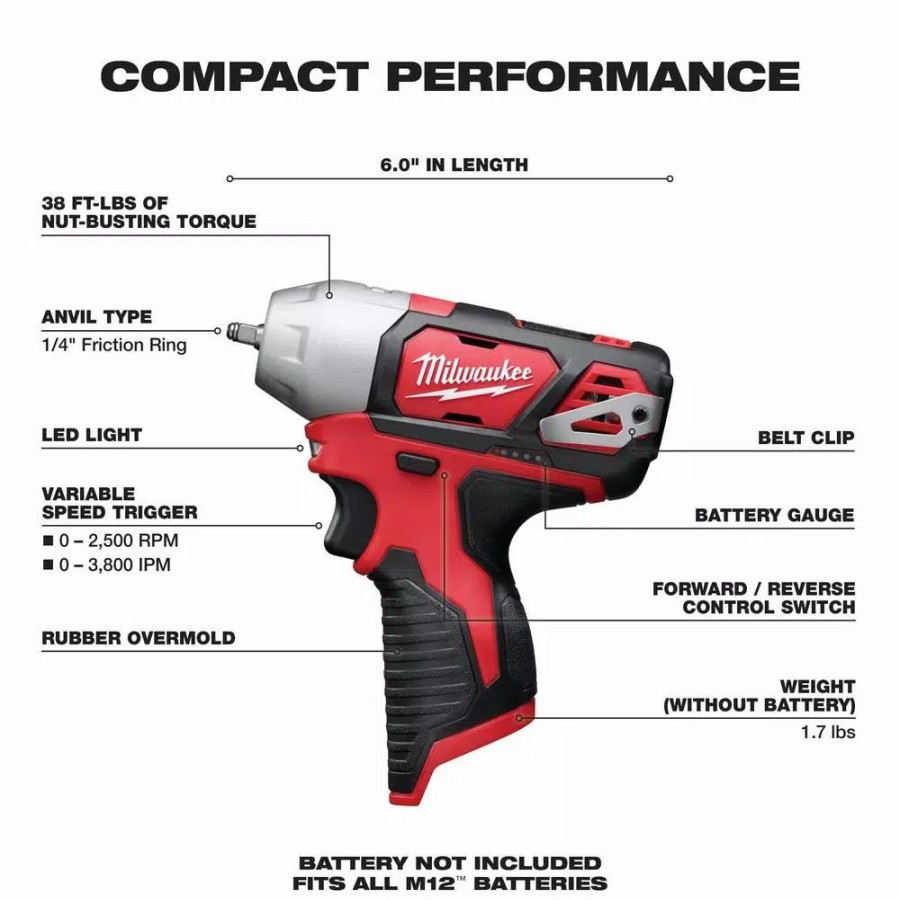 Impact Wrenches * | Impact Wrenches Milwaukee M12 12-Volt Lithium-Ion Cordless 1/4 In. Impact Wrench (Tool-Only)