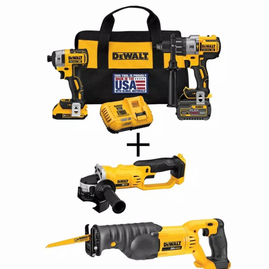 Power Tool Combo Kits * | Power Tool Combo Kits Dewalt 20-Volt Max Cordless Brushless Combo Kit (2-Tool) With (1) Flexvolt 6.0Ah, (1) 20-Volt 2.0 Battery, Recip Saw & Grinder