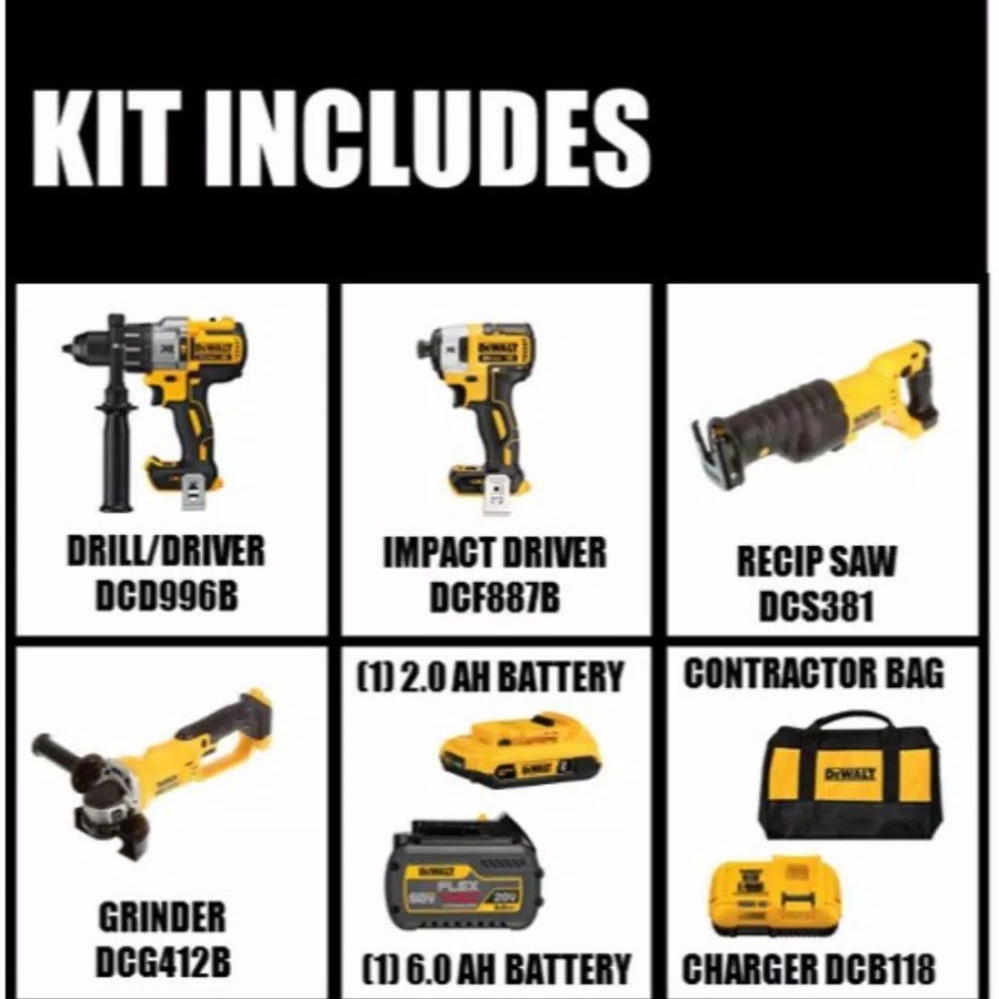 Power Tool Combo Kits * | Power Tool Combo Kits Dewalt 20-Volt Max Cordless Brushless Combo Kit (2-Tool) With (1) Flexvolt 6.0Ah, (1) 20-Volt 2.0 Battery, Recip Saw & Grinder