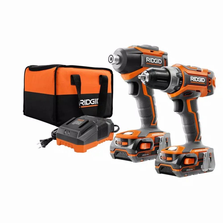 Power Tool Combo Kits * | Power Tool Combo Kits Ridgid 18-Volt Lithium-Ion Cordless Brushless Drill/Driver And Impact Driver Combo Kit W/(2) 1.5 Ah Batteries, Charger, And Bag