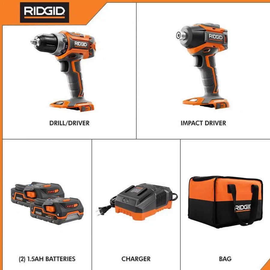 Power Tool Combo Kits * | Power Tool Combo Kits Ridgid 18-Volt Lithium-Ion Cordless Brushless Drill/Driver And Impact Driver Combo Kit W/(2) 1.5 Ah Batteries, Charger, And Bag