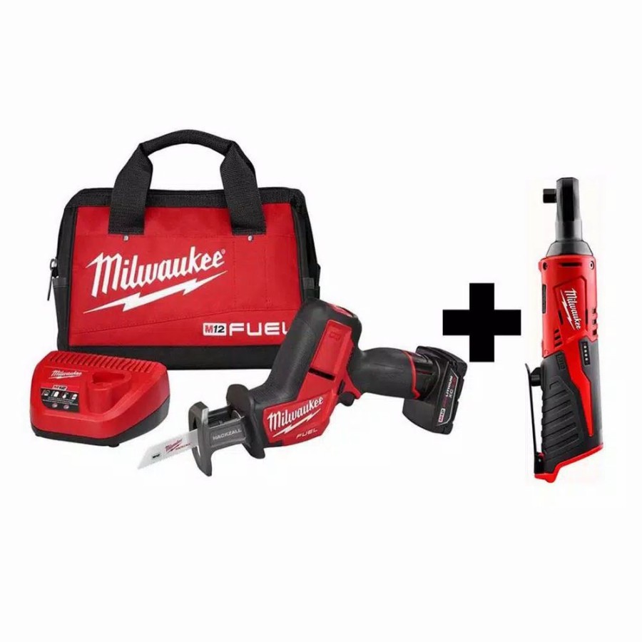 Power Tool Combo Kits * | Power Tool Combo Kits Milwaukee M12 Fuel 12-Volt Lithium-Ion Brushless Cordless Hackzall Reciprocating Saw Kit W/ Free M12 3/8 In. Ratchet