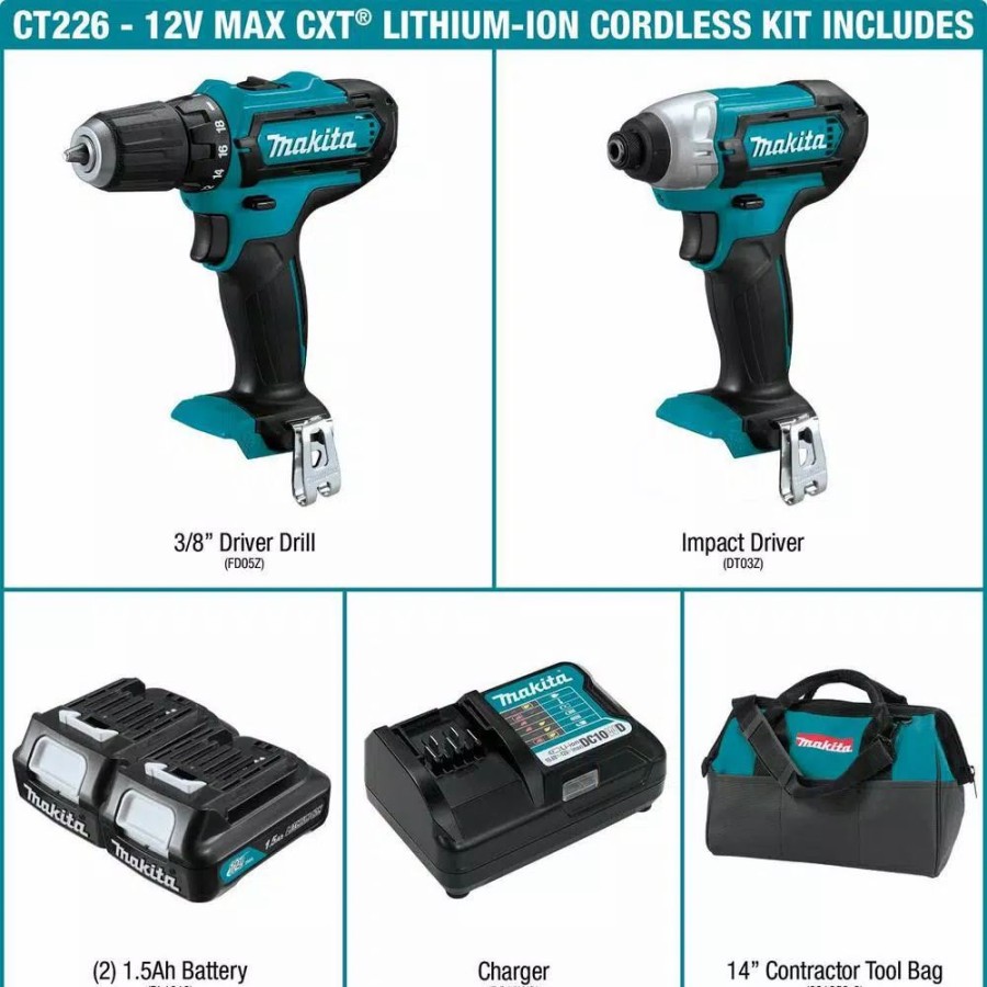 Power Tool Combo Kits * | Power Tool Combo Kits Makita 12-Volt Max Cxt Lithium-Ion Cordless 3/8 In. Drill And Impact Driver Combo Kit With (2) 1.5Ah Batteries Charger And Bag