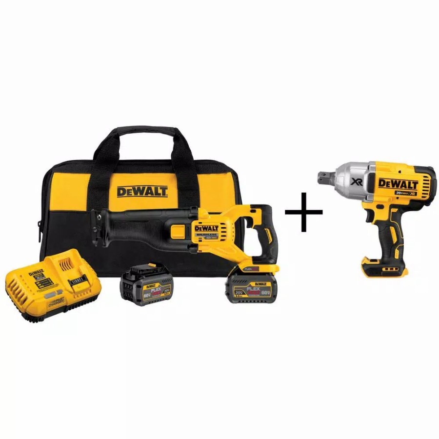 Power Tool Combo Kits * | Power Tool Combo Kits Dewalt Flexvolt 60-Volt Max Lithium-Ion Cordless Brushless Reciprocating Saw With (2) Batteries And Bonus 1/2 In. Impact Wrench