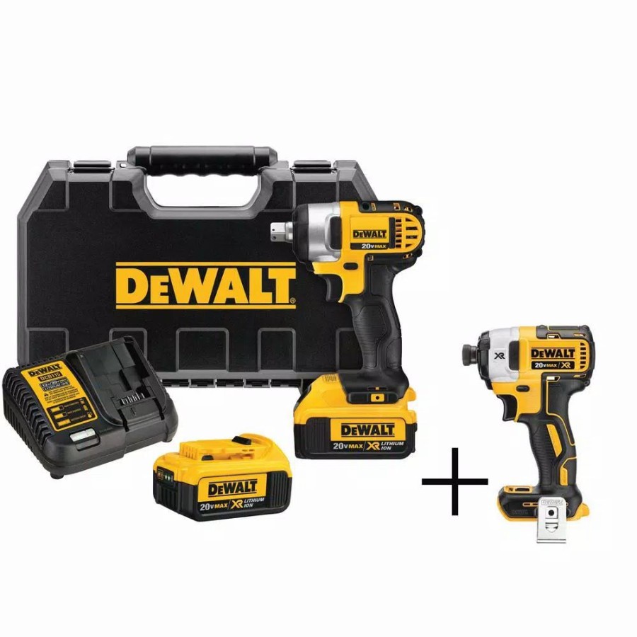 Impact Wrenches * | Impact Wrenches Dewalt 20-Volt Max Cordless 1/2 In. Impact Wrench Kit With Detent Pin, (2) 20-Volt 4.0Ah Batteries & 1/4 In. Impact Driver