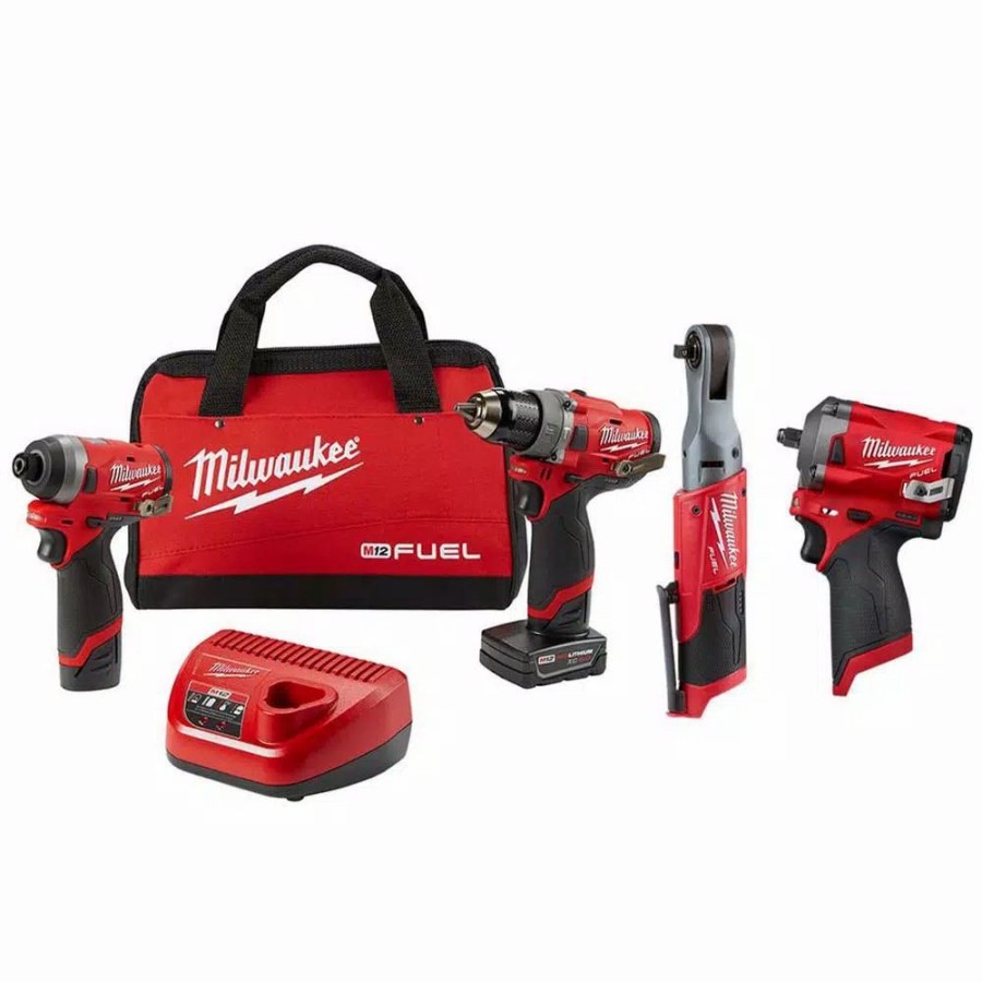 Power Tool Combo Kits * | Power Tool Combo Kits Milwaukee M12 Fuel 12-Volt Lithium-Ion Brushless Cordless Combo Kit (4-Tool) With 2 Batteries And Bag