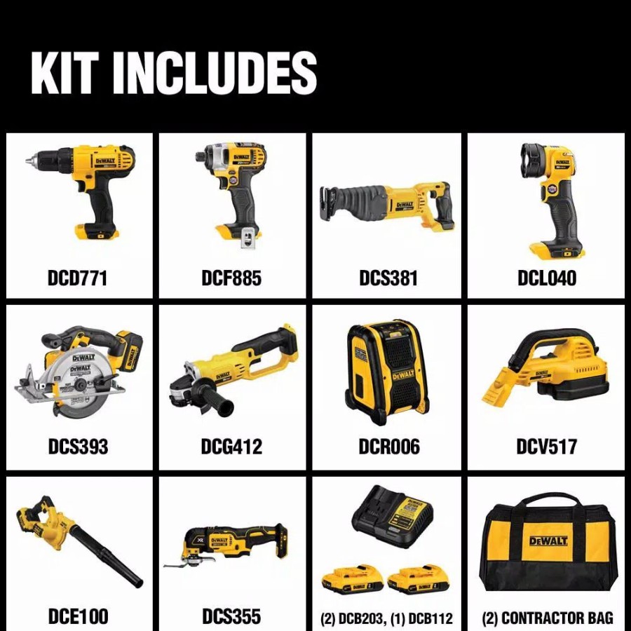 Power Tool Combo Kits * | Power Tool Combo Kits Dewalt 20-Volt Max Cordless Combo Kit (10-Tool) With (2) 20-Volt 2.0Ah Batteries, Charger & Bag