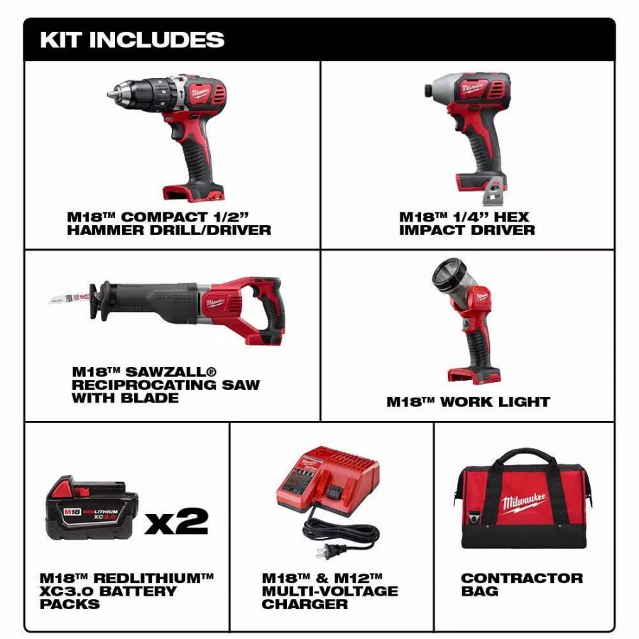 Power Tool Combo Kits * | Power Tool Combo Kits Milwaukee M18 18-Volt Lithium-Ion Cordless Combo Tool Kit (4-Tool) With (2) 3.0Ah Batteries, 1-Charger, 1-Tool Bag