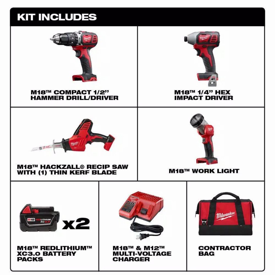 Power Tool Combo Kits * | Power Tool Combo Kits Milwaukee M18 18-Volt Lithium-Ion Cordless Combo Tool Kit (4-Tool) W/(2) 3.0Ah Batteries, (1) Charger, (1) Tool Bag