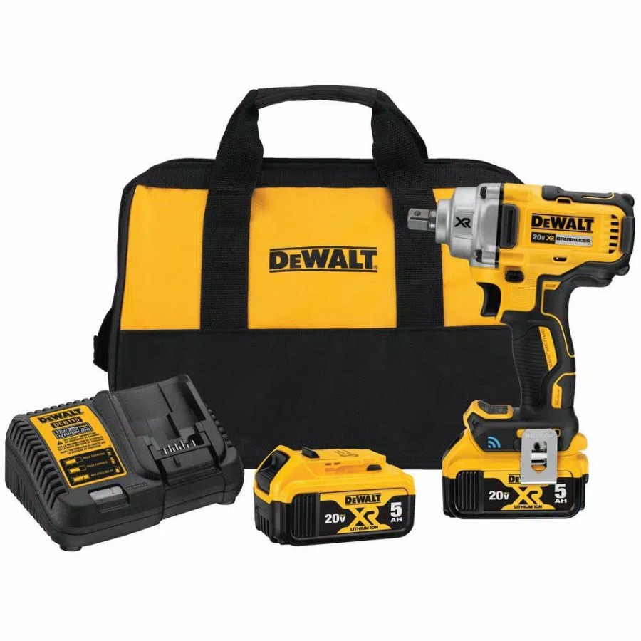 Impact Wrenches * | Impact Wrenches Dewalt 20-Volt Max Xr Cordless Brushless 1/2 In. Mid-Range Impact Wrench Detent Pin, Tool Connect & (2) 20-Volt 5.0Ah Batteries