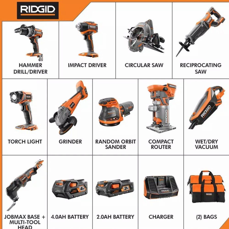 Power Tool Combo Kits * | Power Tool Combo Kits Ridgid 18-Volt Cordless 10-Piece Combo Kit With (1) 4.0 Ah Battery And (1) 2.0 Ah Battery, Charger, And Bag