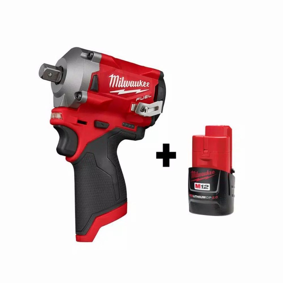 Impact Wrenches * | Impact Wrenches Milwaukee M12 Fuel 12-Volt Lithium-Ion Brushless Cordless Stubby 1/2 In. Impact Wrench With Pin Detent With M12 2.0Ah Battery