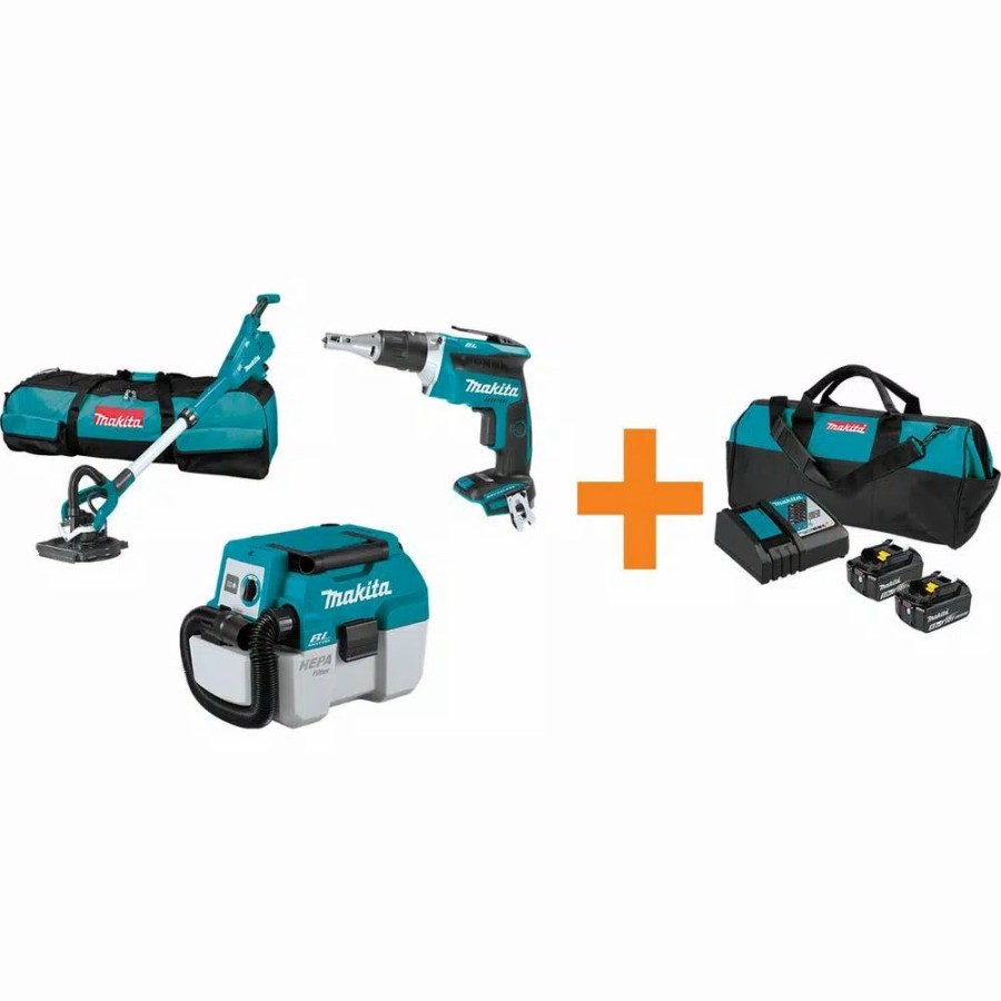 Power Tool Combo Kits * | Power Tool Combo Kits Makita 18-Volt Lxt Brushless Drywall Screwdriver, 9 In. Drywall Sander And 2 Gal. Vacuum With Bonus 18V Lxt Starter Pack