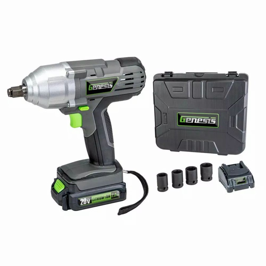 Impact Wrenches * | Impact Wrenches Genesis 20-Volt Lithium-Ion Impact Wrench Kit With Led Work Light And Removable Battery, Charger, 4-Piece Socket Set And Case