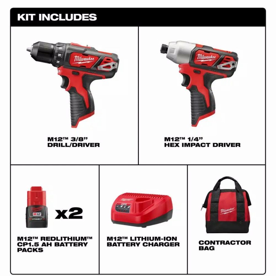 Power Tool Combo Kits * | Power Tool Combo Kits Milwaukee M12 12-Volt Lithium-Ion Cordless Drill Driver/Impact Driver Combo Kit (2-Tool) W/(2) 1.5Ah Batteries, Charger, Tool Bag