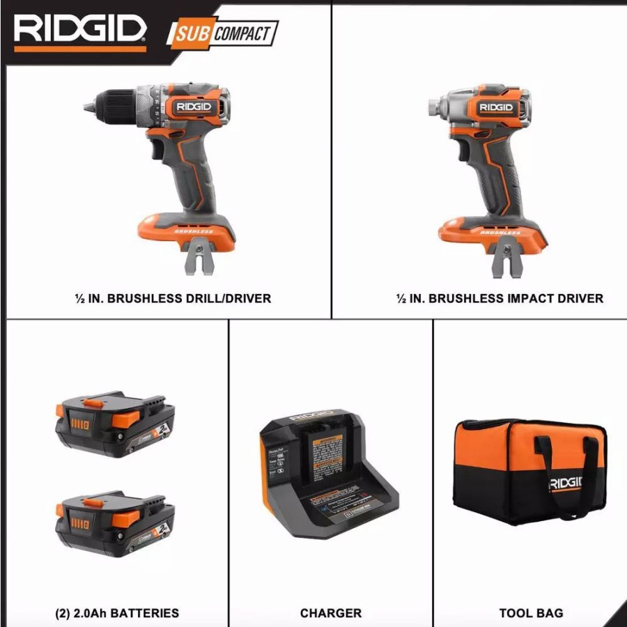 Power Tool Combo Kits * | Power Tool Combo Kits Ridgid 18V Brushless Subcompact Drill Driver And Impact Driver Combo Kit With (2) 2.0 Ah Batteries, Charger And Bag