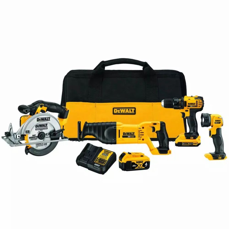 Power Tool Combo Kits * | Power Tool Combo Kits Dewalt 20-Volt Max Cordless Combo Kit (4-Tool) With (1) 20-Volt 4.0Ah Battery, (1) 20-Volt 2.0Ah Battery & Charger