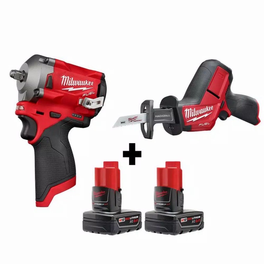 Impact Wrenches * | Impact Wrenches Milwaukee M12 Fuel 12-Volt Lithium-Ion Brushless Cordless Stubby 3/8 In. Impact Wrench And Hackzall With Two 3.0 Ah Batteries