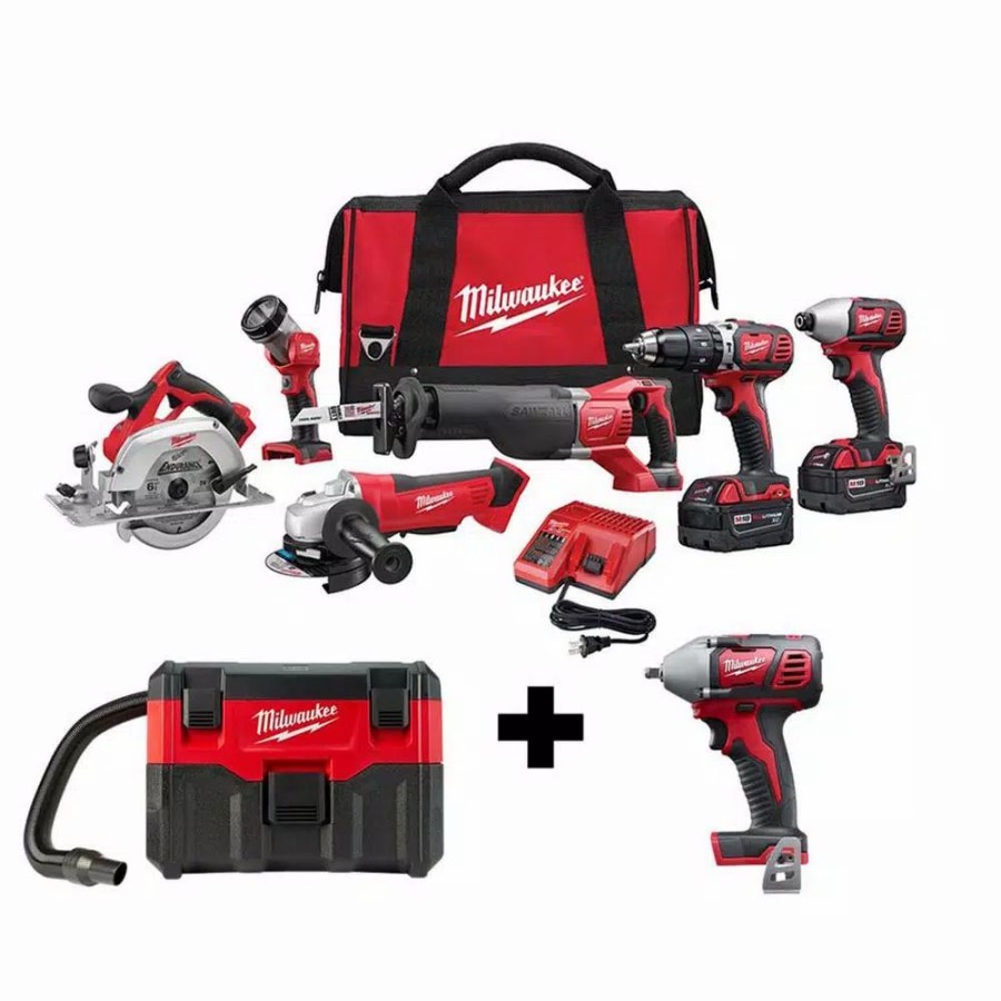 Power Tool Combo Kits * | Power Tool Combo Kits Milwaukee M18 18-Volt Lithium-Ion Cordless Combo Tool Kit (6-Tool) W/ Wet/Dry Vacuum And 3/8 In. Impact Wrench