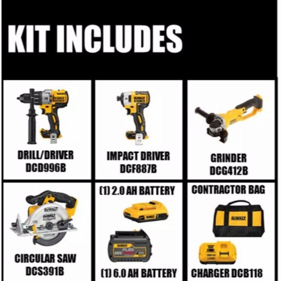 Power Tool Combo Kits * | Power Tool Combo Kits Dewalt 20-Volt Max Cordless Brushless Combo Kit (2-Tool) With (1) Flexvolt 6.0Ah, (1) 20-Volt 2.0 Battery, Circ Saw & Grinder