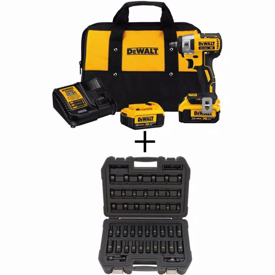 Impact Wrenches * | Impact Wrenches Dewalt 20-Volt Max Xr Cordless Brushless 3/8 In. Compact Impact Wrench, (2) 20-Volt 4.0Ah Batteries & 3/8 In. Impact Socket Set