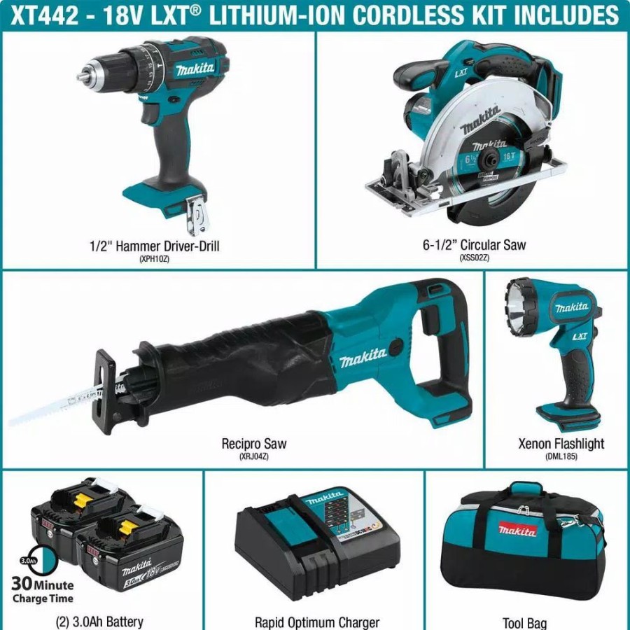 Power Tool Combo Kits * | Power Tool Combo Kits Makita 18-Volt Lxt 3.0Ah Lithium-Ion Cordless Combo Kit Hammer Drill/Circular Saw/Reciprocating Saw/Flashlight (4-Piece)