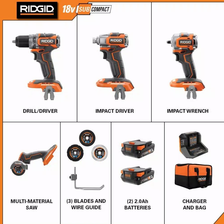 Power Tool Combo Kits * | Power Tool Combo Kits Ridgid 18V Subcompact Lithium-Ion Brushless 2-Tool Combo Kit With 3/8 In. Impact Wrench And 3 In. Multi-Material Saw