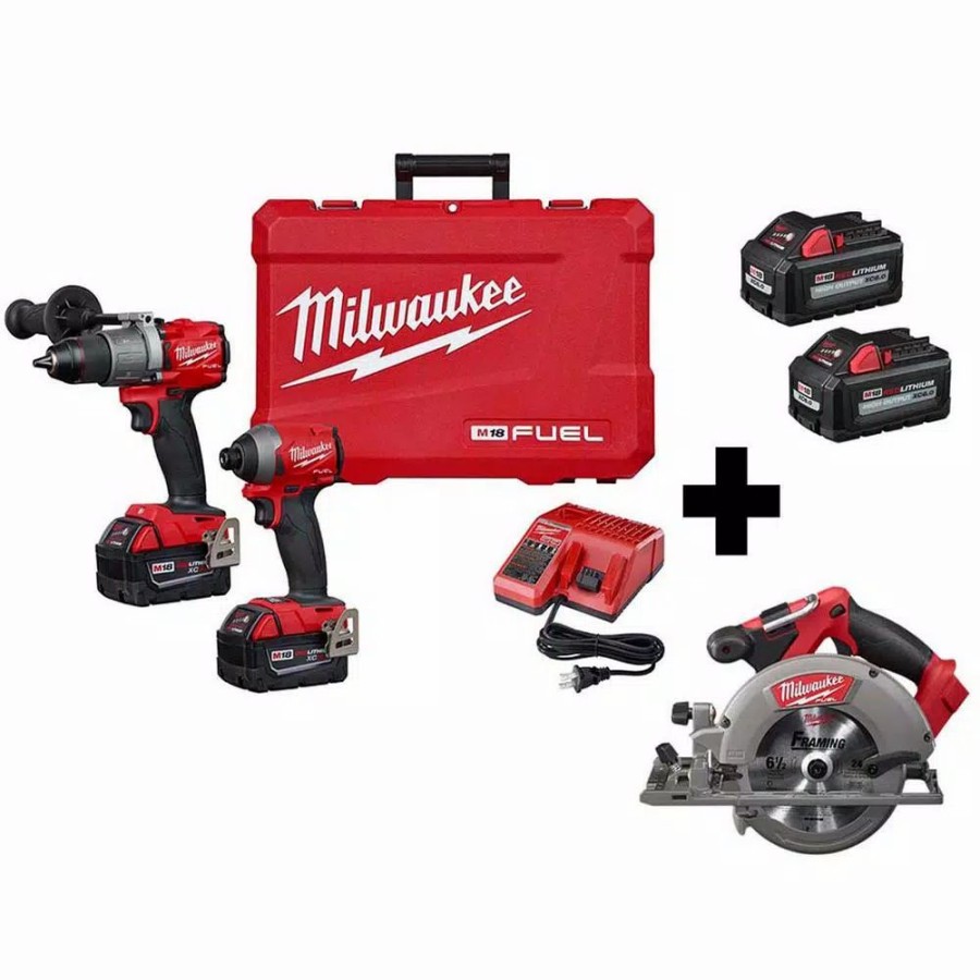 Power Tool Combo Kits * | Power Tool Combo Kits Milwaukee M18 Fuel 18-Volt Lithium-Ion Brushless Cordless Hammer Drill/6-1/2 In. Circular Saw/ Impact Driver With 4-Batteries