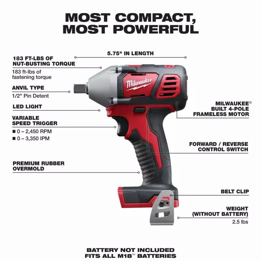 Impact Wrenches * | Impact Wrenches Milwaukee M18 18-Volt Lithium-Ion 1/2 In. Cordless Impact Wrench W/ Pin Detent (Tool-Only)