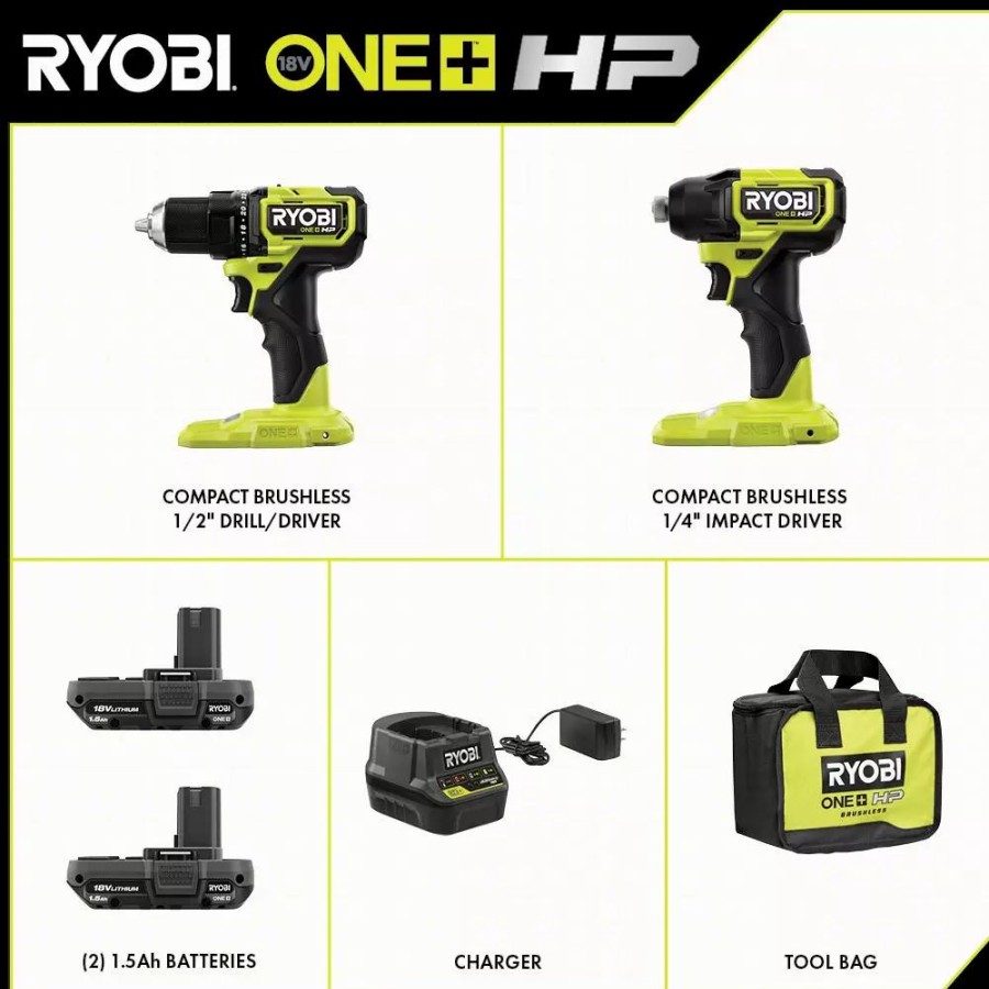 Power Tool Combo Kits * | Power Tool Combo Kits Ryobi One+ Hp 18V Brushless Cordless Compact 1/2 In. Drill And Impact Driver Kit With (2) 1.5 Ah Batteries, Charger And Bag