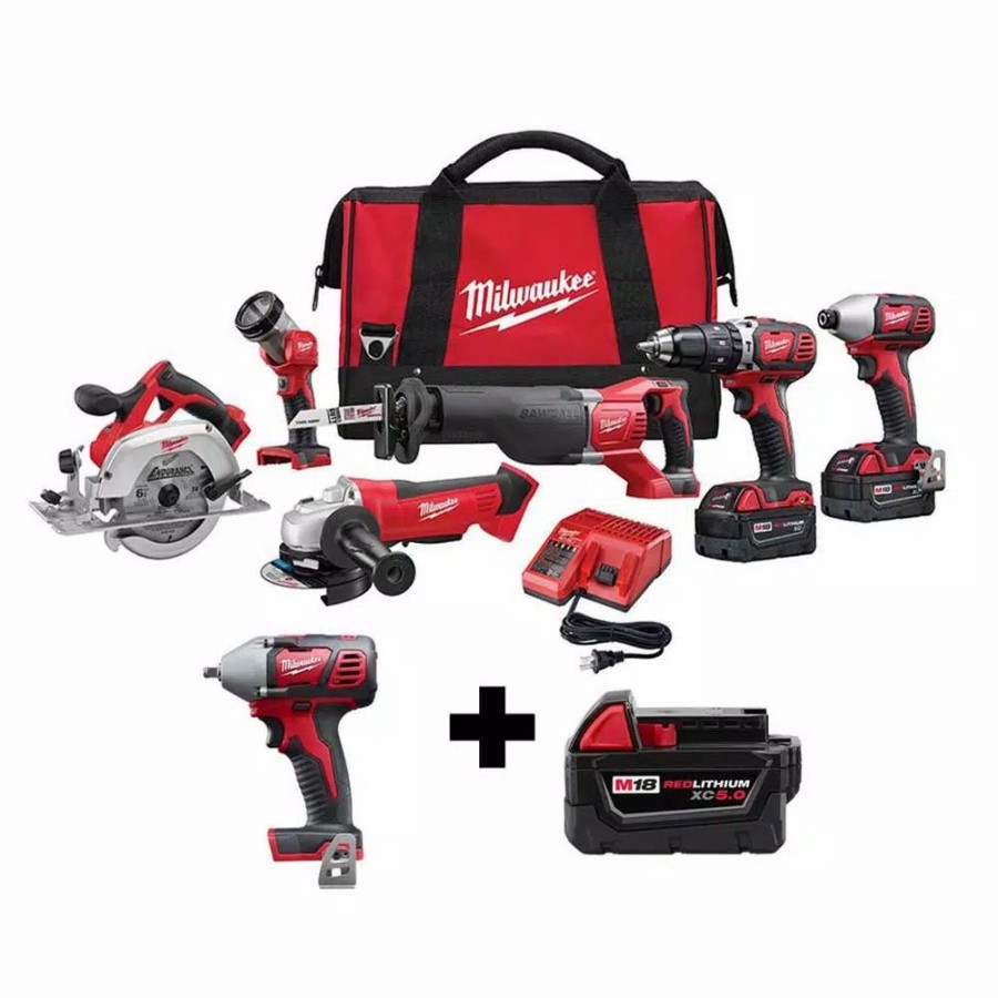 Power Tool Combo Kits * | Power Tool Combo Kits Milwaukee M18 18-Volt Lithium-Ion Cordless Combo Tool Kit (6-Tool) W/ 3/8 In. Impact Wrench And Additional 5.0 Ah Battery