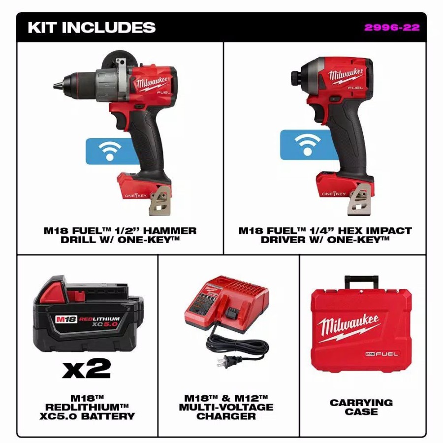 Power Tool Combo Kits * | Power Tool Combo Kits Milwaukee M18 Fuel One-Key 18-Volt Lithium-Ion Brushless Cordless Hammer Drill/Impact Driver Combo Kit Two 5.0 Ah Batteries Case