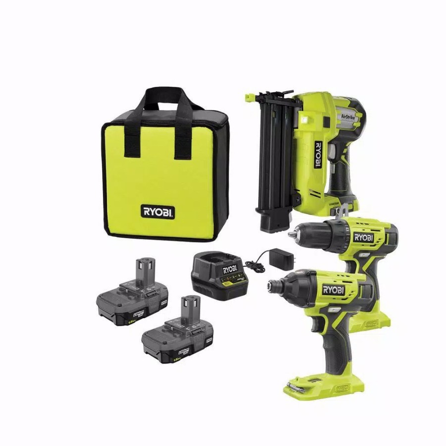 Power Tool Combo Kits * | Power Tool Combo Kits Ryobi 18-Volt One+ Lithium-Ion Cordless 3-Tool Combo Kit With Drill/Driver, Impact Driver, Airstrike 18-Gauge Brad Nailer