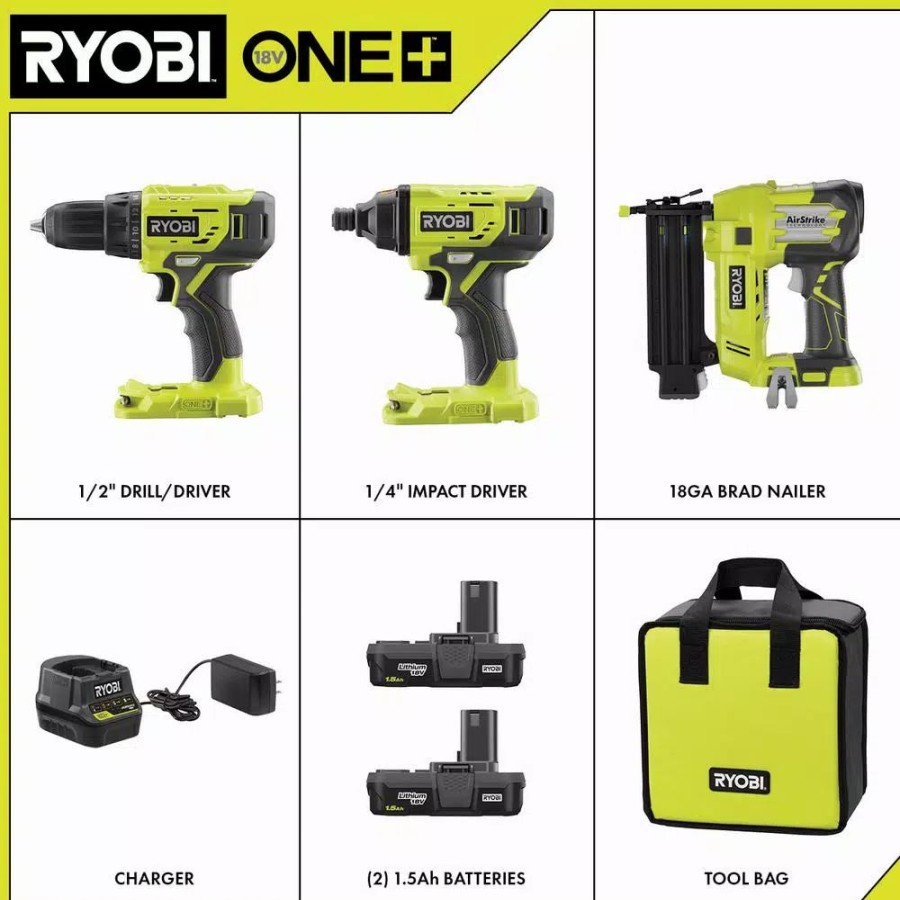 Power Tool Combo Kits * | Power Tool Combo Kits Ryobi 18-Volt One+ Lithium-Ion Cordless 3-Tool Combo Kit With Drill/Driver, Impact Driver, Airstrike 18-Gauge Brad Nailer