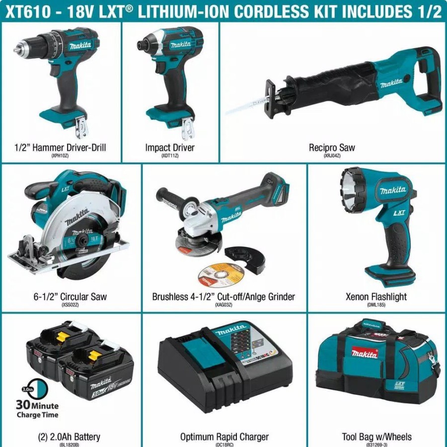 Power Tool Combo Kits * | Power Tool Combo Kits Makita 18-Volt Lxt Lithium-Ion Cordless Combo Kit (6-Piece) With (2) Battery (3.0Ah), Rapid Charger And Tool Bag