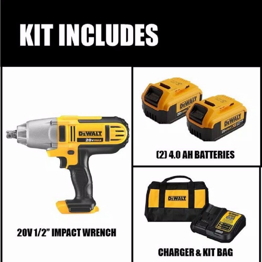 Impact Wrenches * | Impact Wrenches Dewalt 20-Volt Max Cordless 1/2 In. High Torque Impact Wrench With Detent Pin & (2) 20-Volt 4.0Ah Batteries