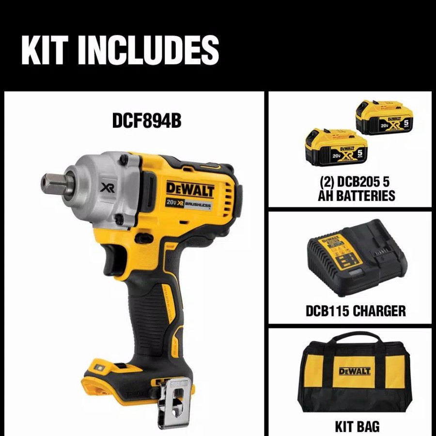 Impact Wrenches * | Impact Wrenches Dewalt 20-Volt Max Xr Cordless Brushless 1/2 In. Mid-Range Impact Wrench With Hog Ring Anvil, (2) 20-Volt 5.0Ah Batteries