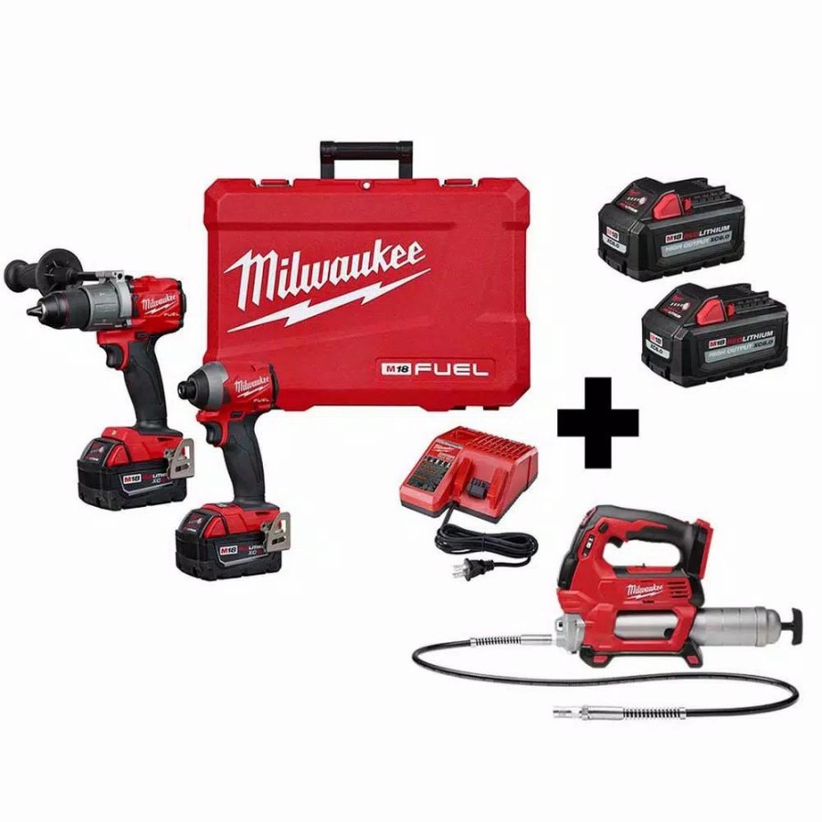 Power Tool Combo Kits * | Power Tool Combo Kits Milwaukee M18 Fuel 18-Volt Lithium-Ion Brushless Cordless Hammer Drill/ Grease Gun/Impact Driver Combo Kit (3-Tool)