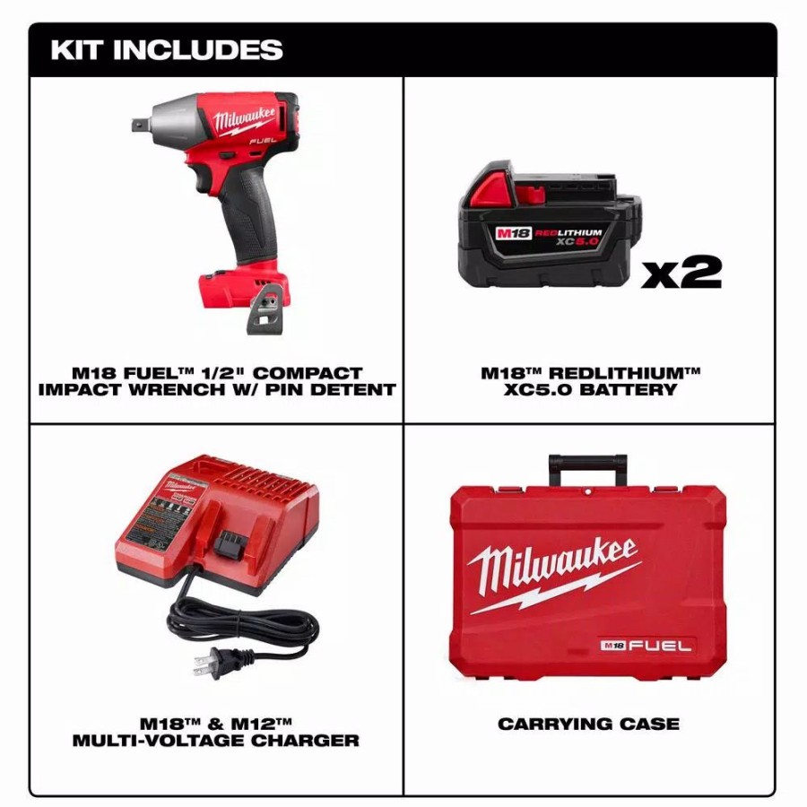 Impact Wrenches * | Impact Wrenches Milwaukee M18 Fuel 18-Volt Lithium-Ion Brushless Cordless 1/2 In. Impact Wrench Pin Detent Kit With Two 5 Ah Batteries, Hard Case