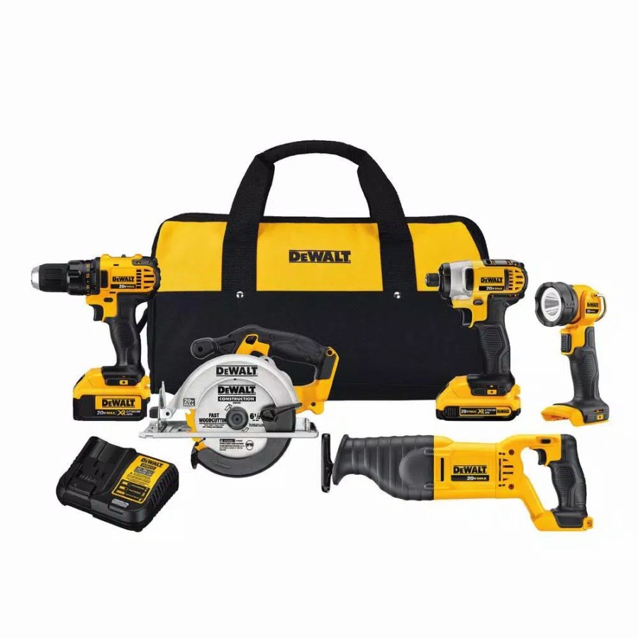 Power Tool Combo Kits * | Power Tool Combo Kits Dewalt 20-Volt Max Cordless Combo Kit (5-Tool) With (1) 20-Volt 4.0Ah Battery, (1) 20-Volt 2.0Ah Battery & Charger