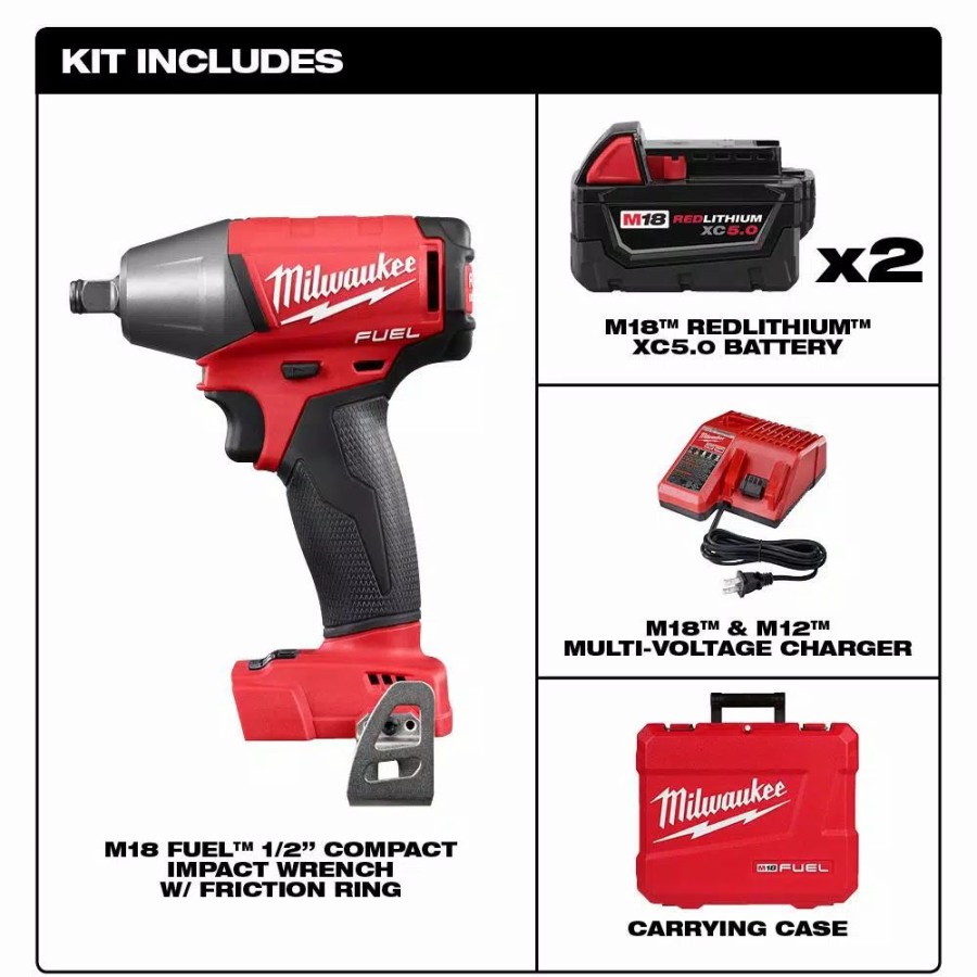 Impact Wrenches * | Impact Wrenches Milwaukee M18 Fuel 18-Volt Lithium-Ion Brushless Cordless 1/2 In. Impact Wrench Friction Ring With Two 5 Ah Batteries, Hard Case